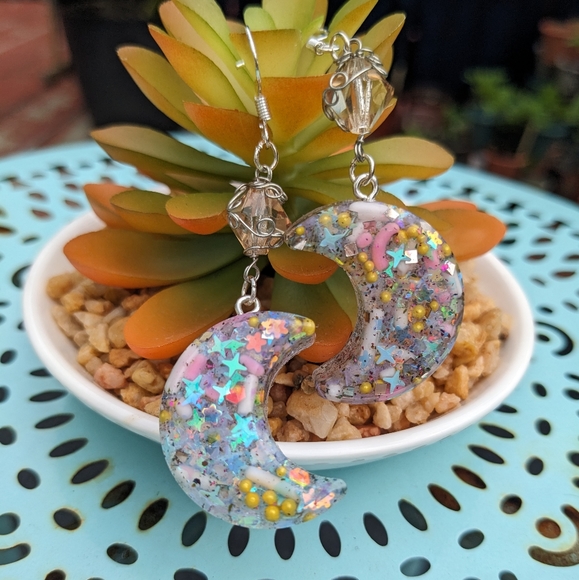 Moon Earrings Candy Sprinkles Resin Handmade Crescent Moon Wire Wrapped Cute Art - Picture 4 of 8